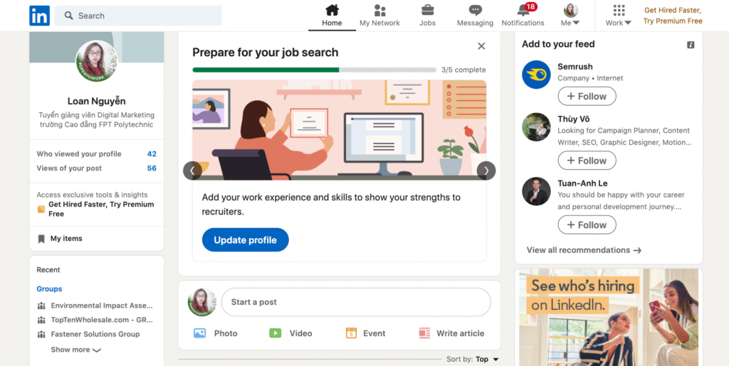 Sử dụng các nền tảng như LinkedIn để chia sẻ các vấn đề về công việc